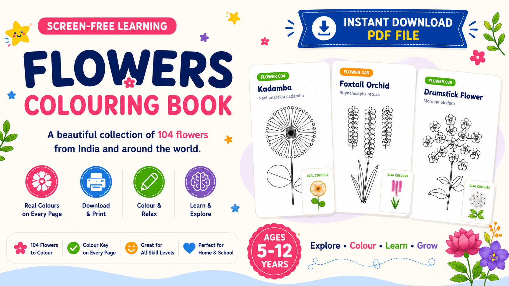 Flowers Colouring Book: 104 Flowers from India and Around the World — Flowers Colouring Book: 104 Flowers from India and Around the World