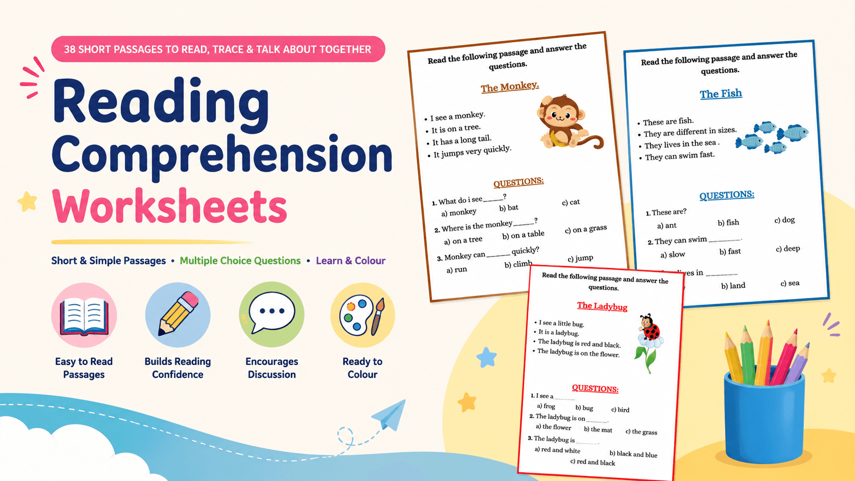 Reading Comprehension Worksheets — 38 short passages to read, trace and talk about together
