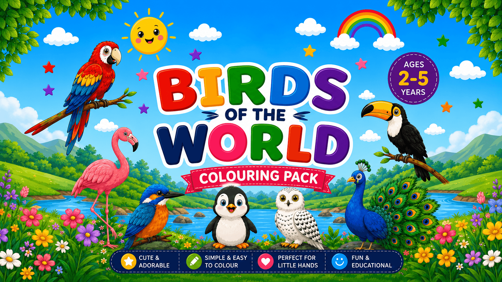 Birds of the World Coloring Pack — Peacocks, parrots, owls and more, with names in English