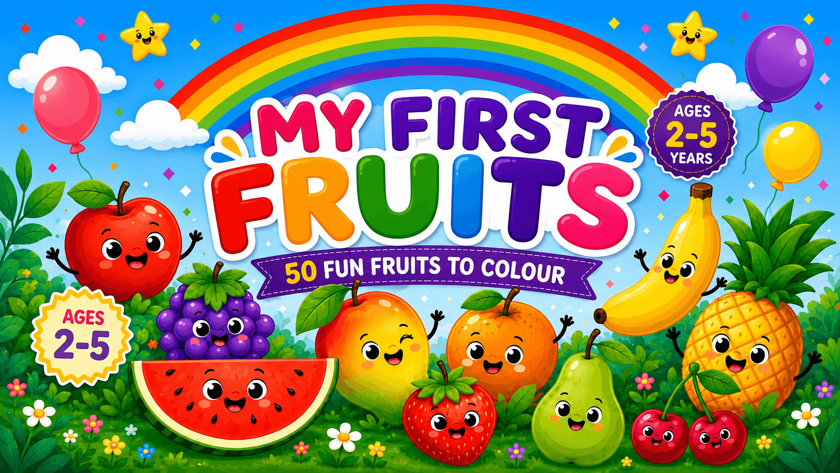 Fruits Coloring & Learning Pack — Apples, mangoes, bananas and more, with names to match