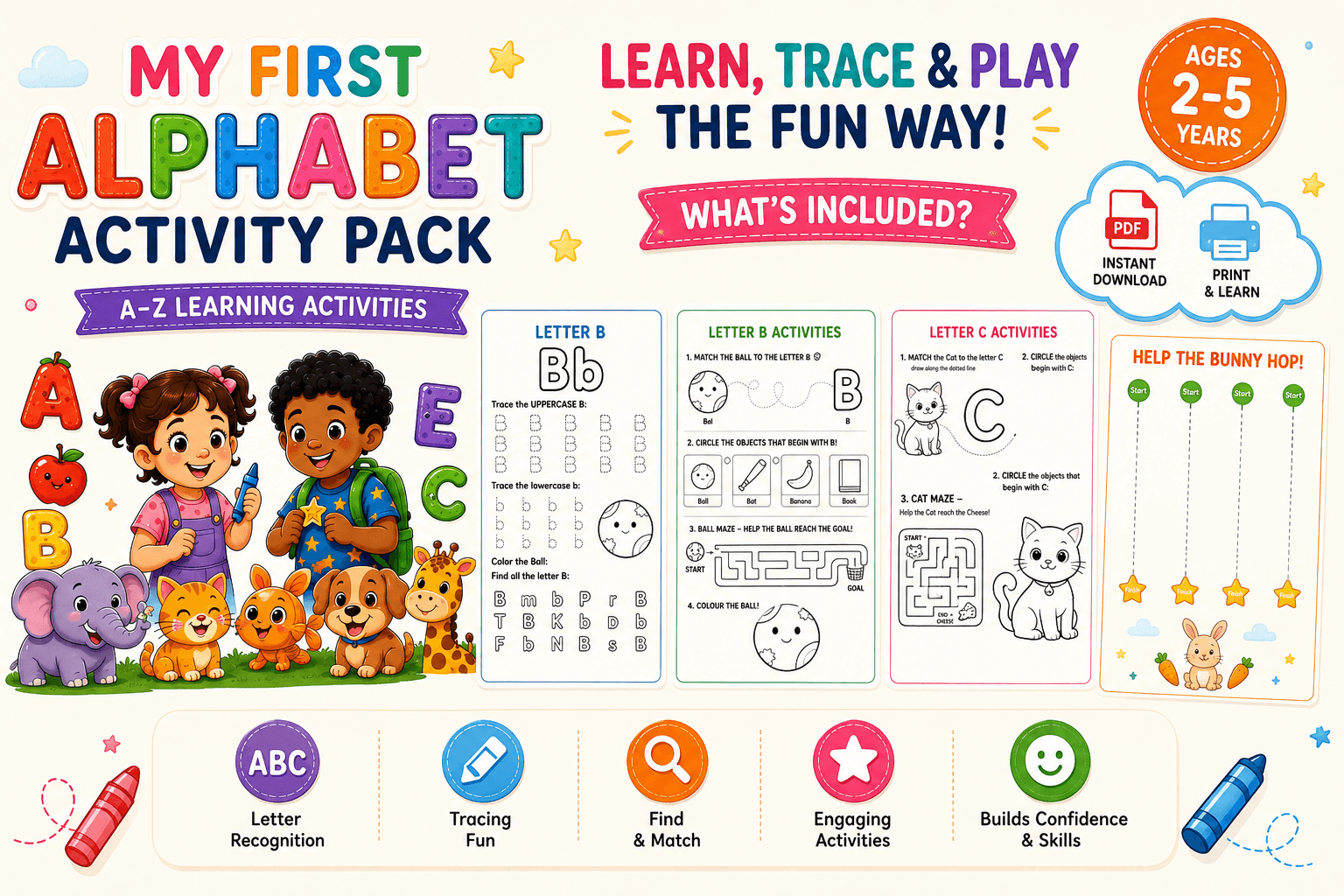 My First Alphabet Activity Book — 54 activities to learn, trace, find, match and colour from A to Z