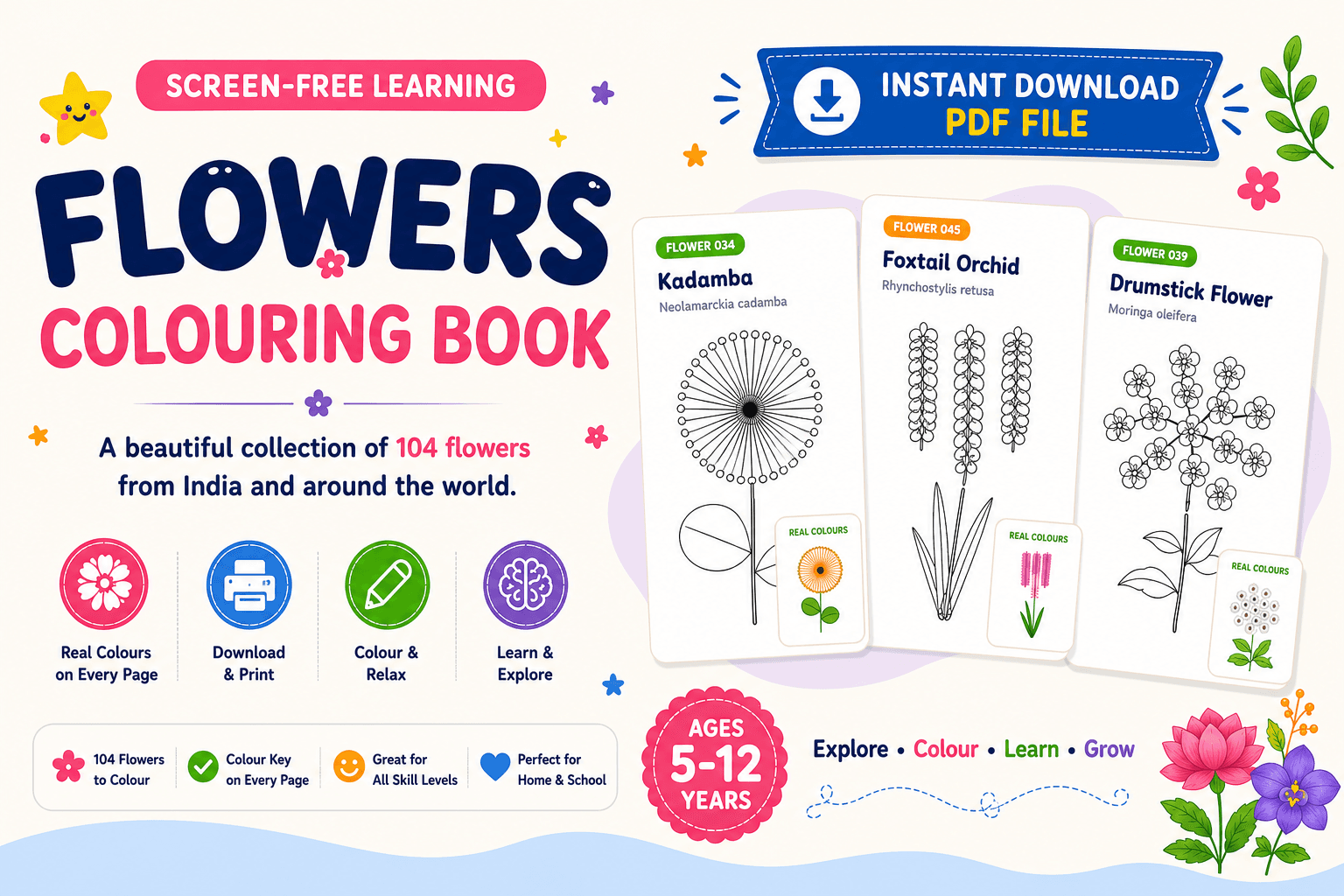 Flowers Colouring Book: 104 Flowers from India and Around the World