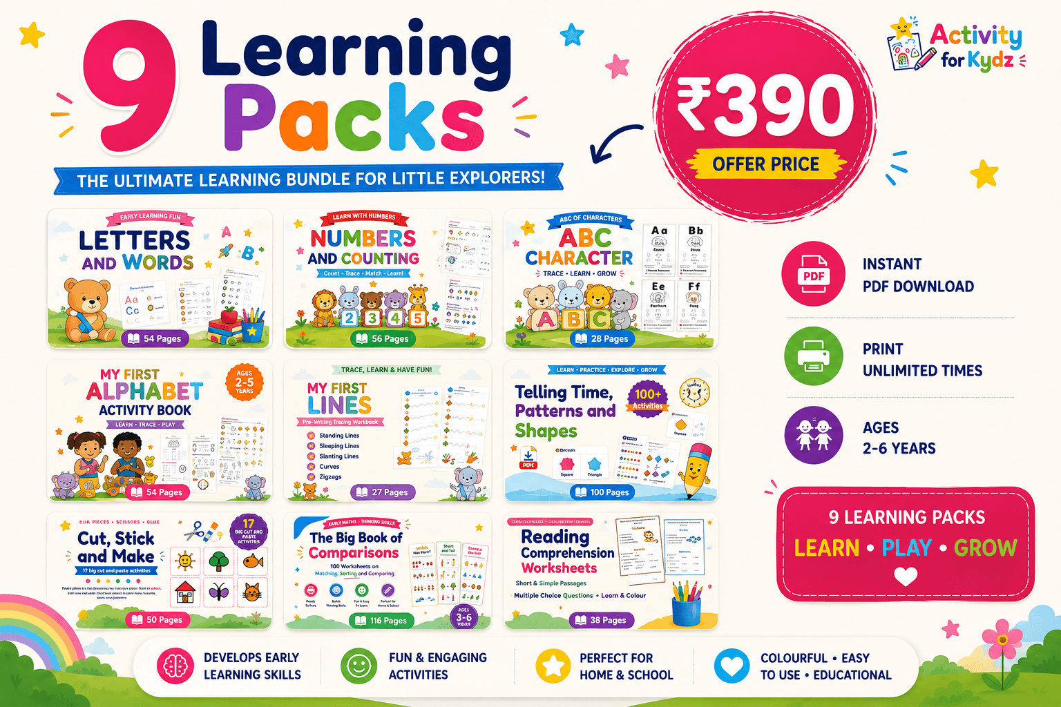 All 9 Learning Packs — instant PDF download, print unlimited times
