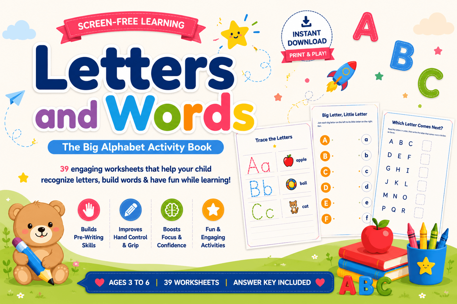 Letters and Words: The Big Alphabet Activity Book — 39 print-and-play worksheets across four parts, plus a full answer key