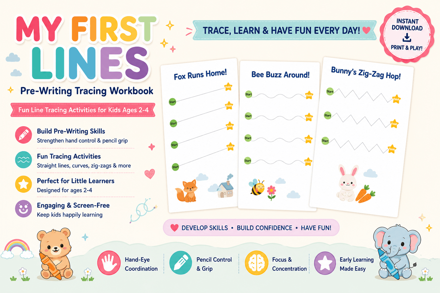 My First Lines: A Pre-Writing Tracing Workbook — Fun line-tracing activities — dashes, waves, zigzags, loops and swirls