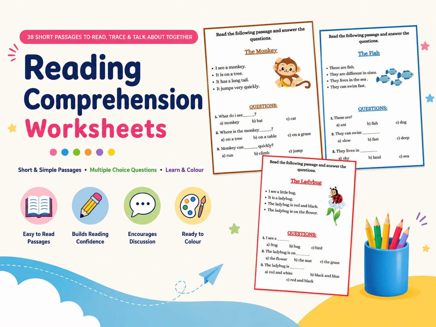 Reading Comprehension Worksheets — 38 short passages to read, trace and talk about together