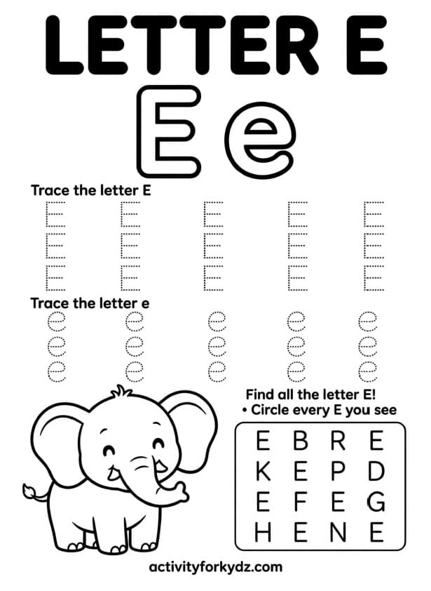 My First Alphabet Activity Book — A look inside the pack — Letter E tracing