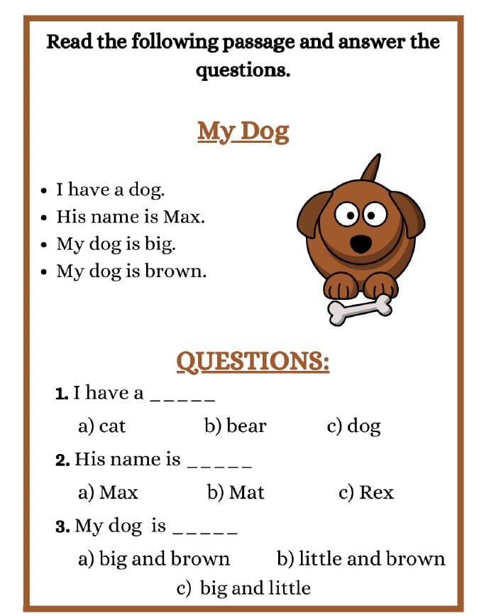 Reading Comprehension Worksheets — My Dog reading passage with multiple-choice questions
