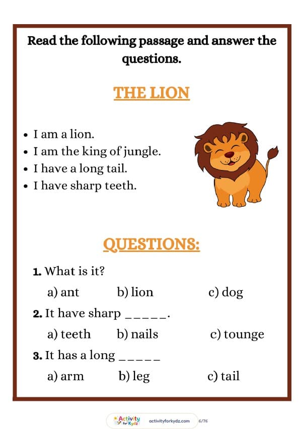 Reading Comprehension Worksheets — The Lion reading passage with multiple-choice questions