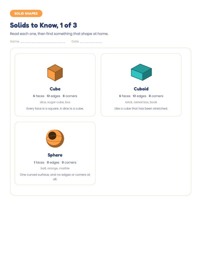 Telling Time, Patterns and Shapes: A 100-Page Activity Workbook — A look inside the pack — Solids to Know
