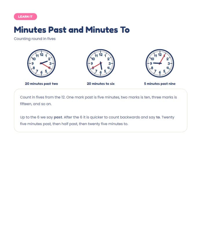 Telling Time, Patterns and Shapes: A 100-Page Activity Workbook — A look inside the pack — Minutes Past and Minutes To