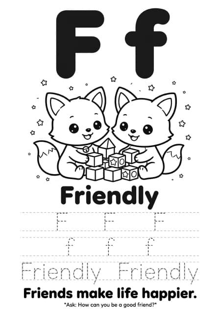 ABC of Character — Letter F page — F is for Friendly
