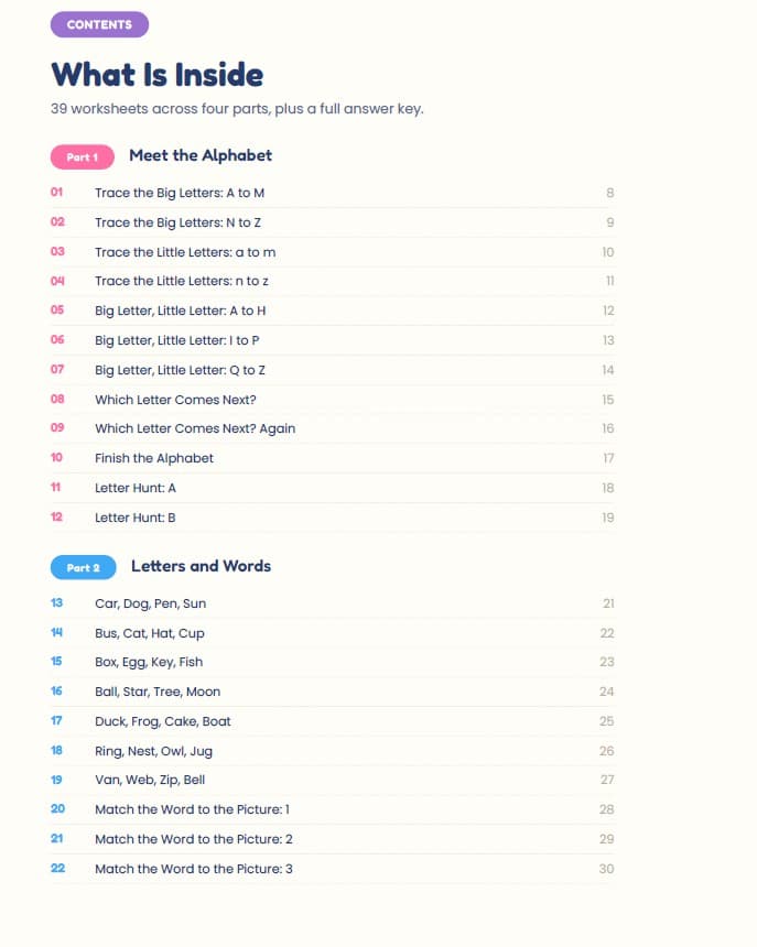 Letters and Words: The Big Alphabet Activity Book — What's inside — the full contents page