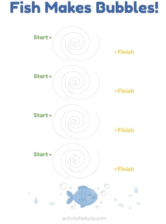 My First Lines: A Pre-Writing Tracing Workbook — A look inside the pack — Fish Makes Bubbles (spiral tracing)