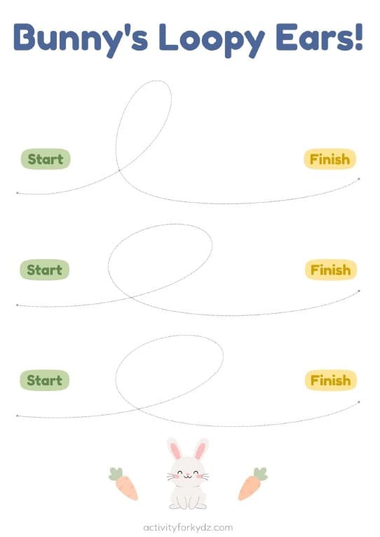 My First Lines: A Pre-Writing Tracing Workbook — A look inside the pack — Bunny's Loopy Ears (loop tracing)