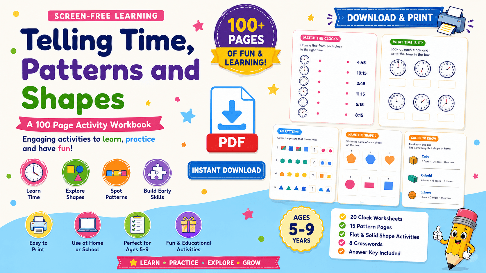 Telling Time, Patterns and Shapes: A 100-Page Activity Workbook — Telling Time, Patterns and Shapes: A 100-Page Activity Workbook