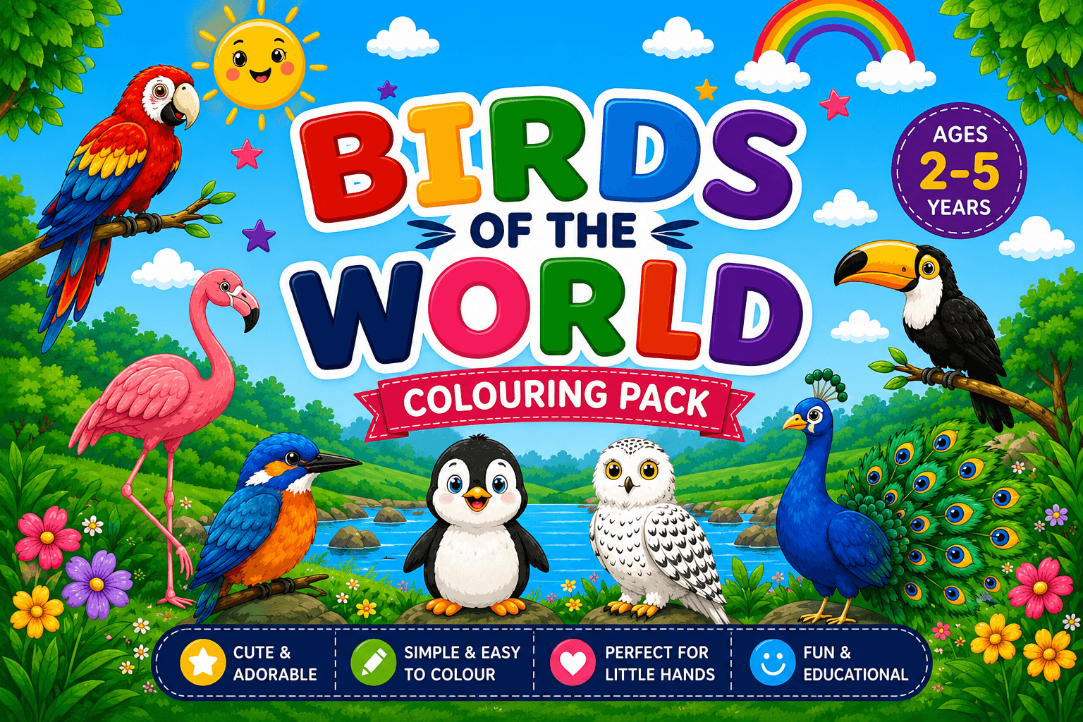 Birds of the World Coloring Pack — Peacocks, parrots, owls and more, with names in English