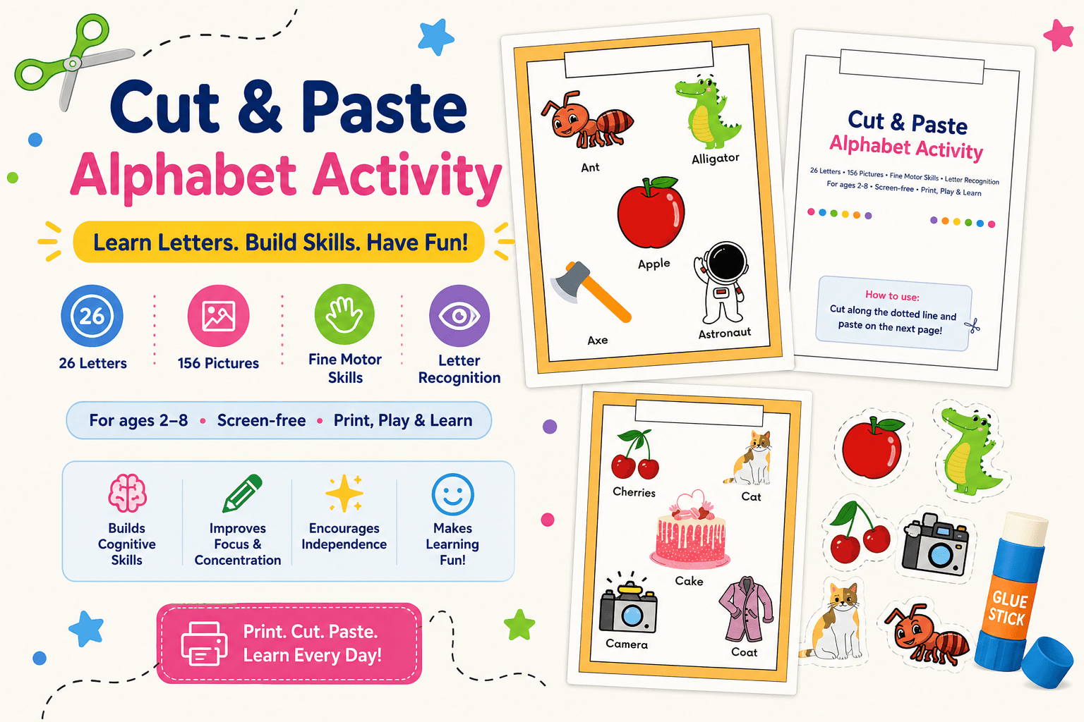 Cut & Paste Alphabet Activity Book — 26 letters, 1 cut sheet + 1 paste sheet each, 5 pictures a letter