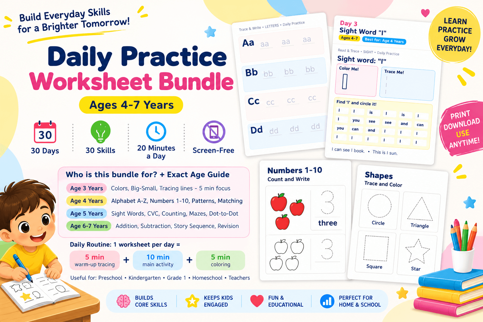 Daily Practice Worksheet Bundle: 30 Days, 30 Skills